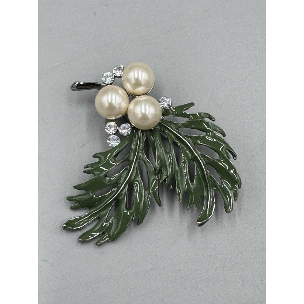 Vintage Green Plant Leaves W/ White Faux Pearls Clear Rhinestones Brooch